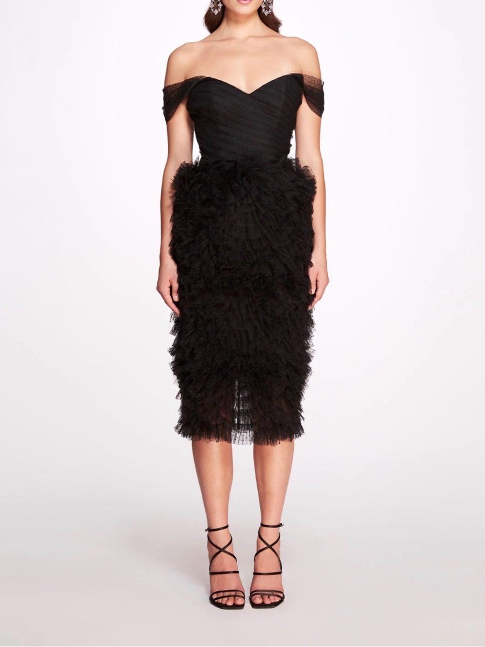 NWT Marchesa Notte Black Ruffle Tulle Midi Dress Size 0